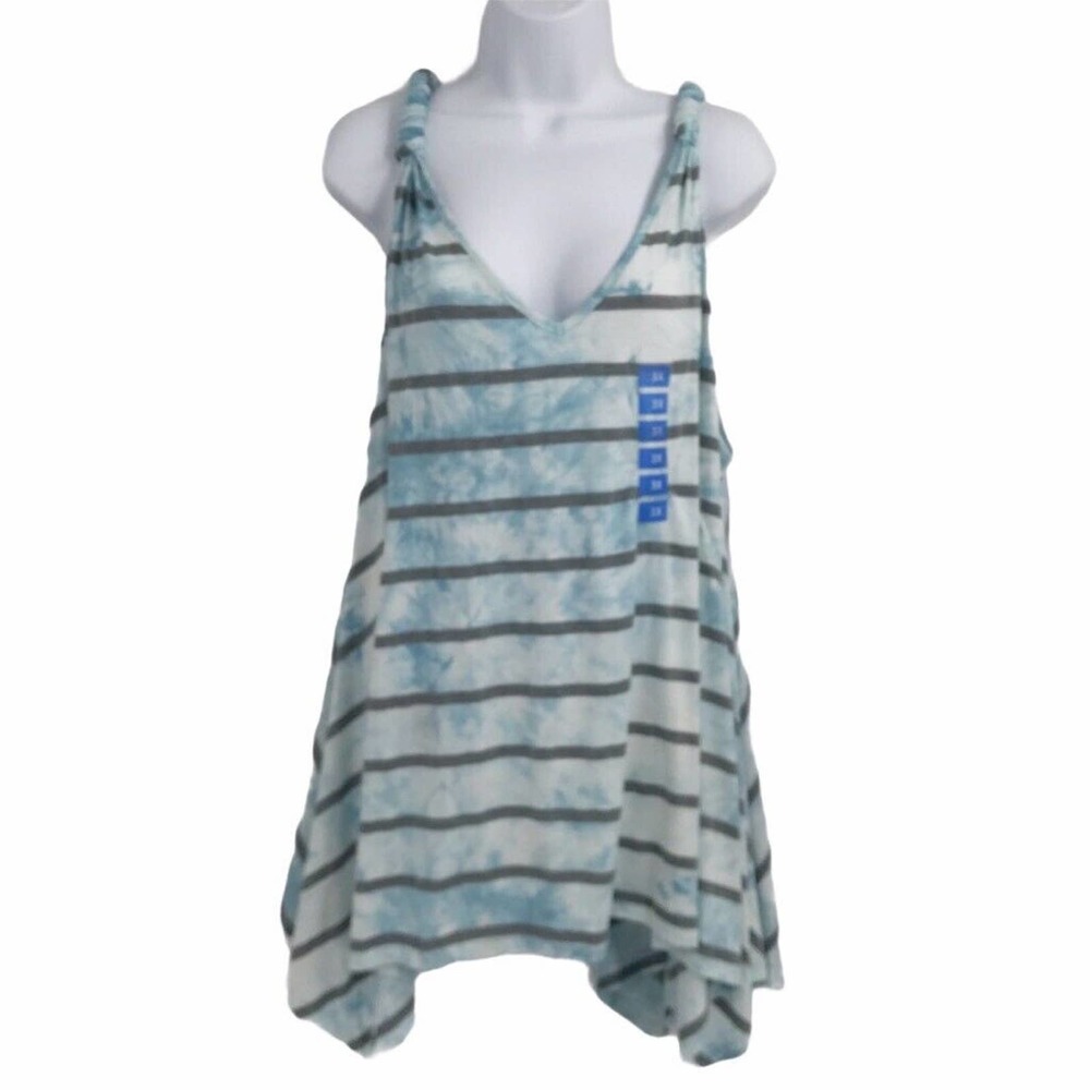 Seven7 Womens Sharkbite Tank Top Blue Black Striped V Neck Stretch Plus 3X New